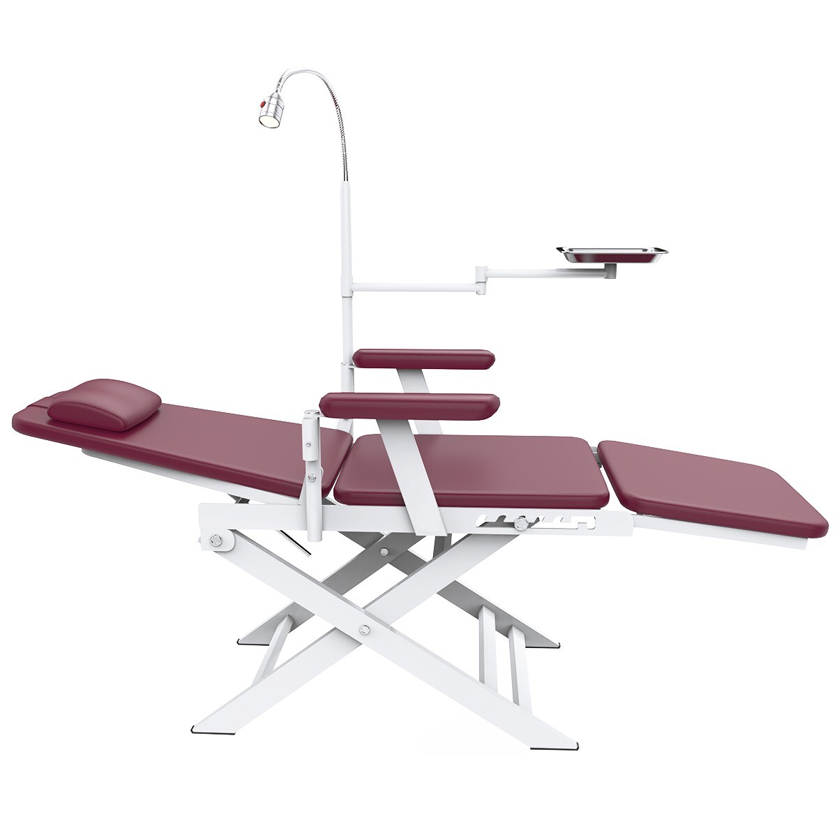 Portable Dental Mobile Folding Chair PU Leather with LED Light & Tray Wine Red