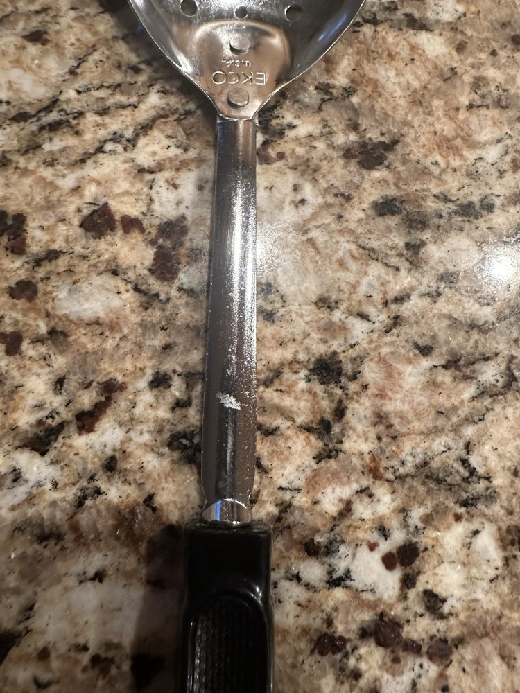 Vintage Ekco Slotted Spoon Chromium Plated Black Plastic Handle Corncob Pattern
