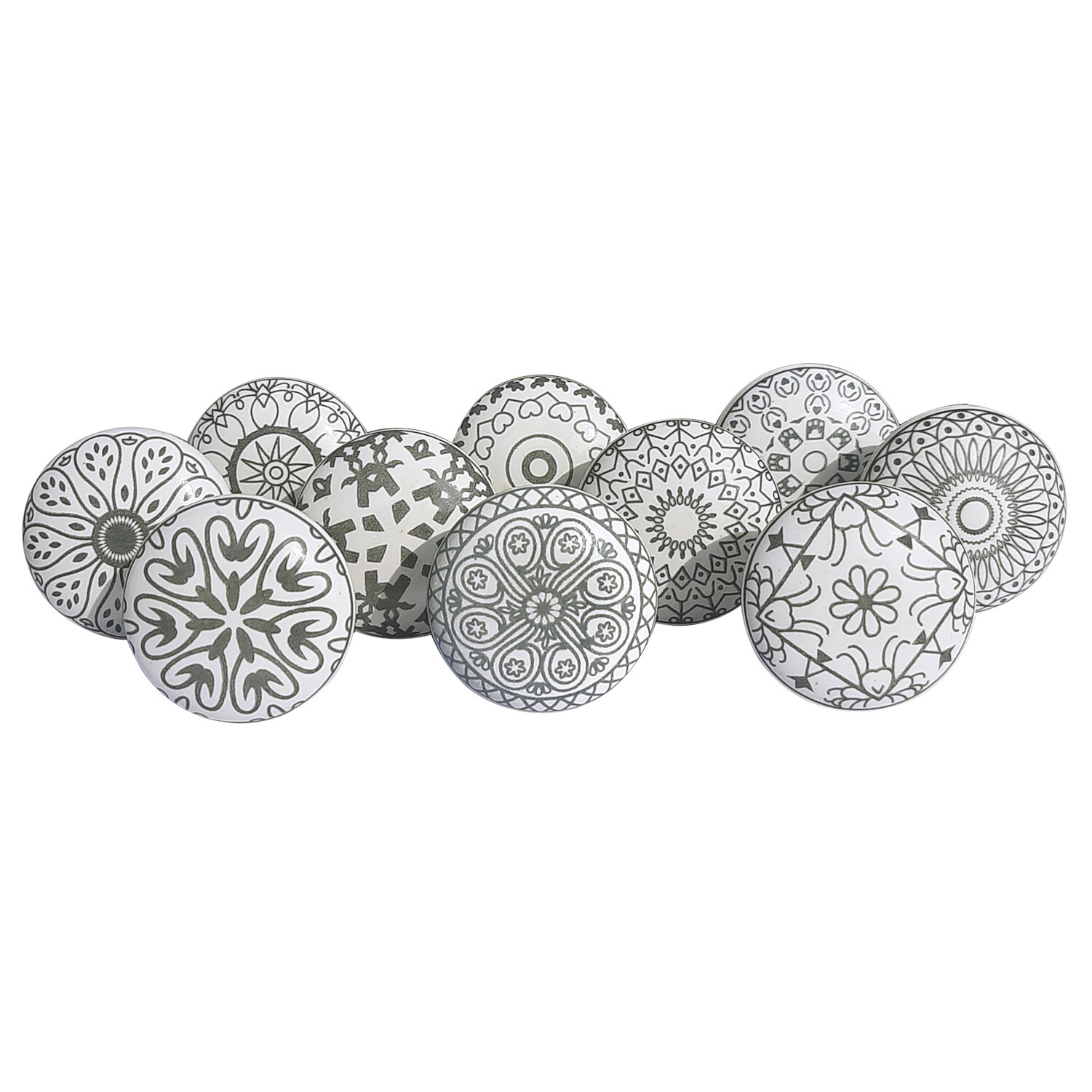 Grey Vintage Printed Ceramic Knobs for Kitchen Cabinet & Drawer Pulls Set of 10