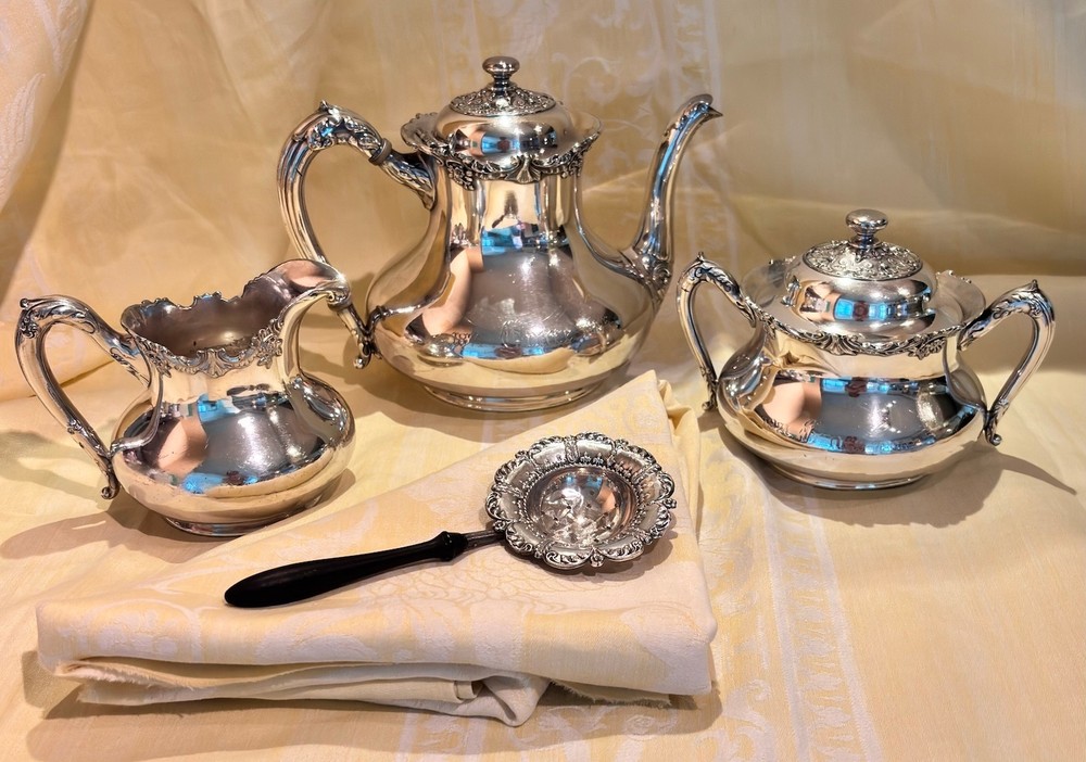 1890s Victorian Reed & Barton Silver Plate Set with Sterling Tea Strainer # 3516