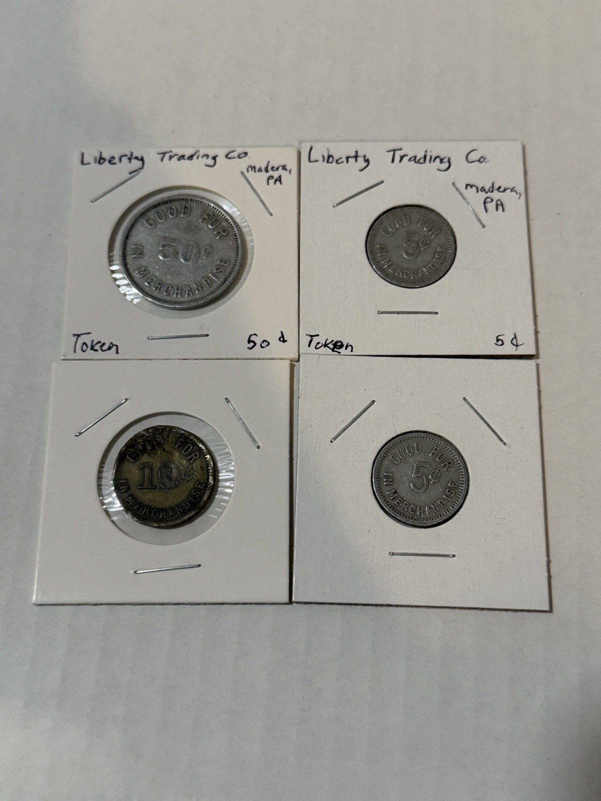 Liberty Trading Co Madera PA 50c Trade Token, 10c, And Two 5c Tokens (4 Total)