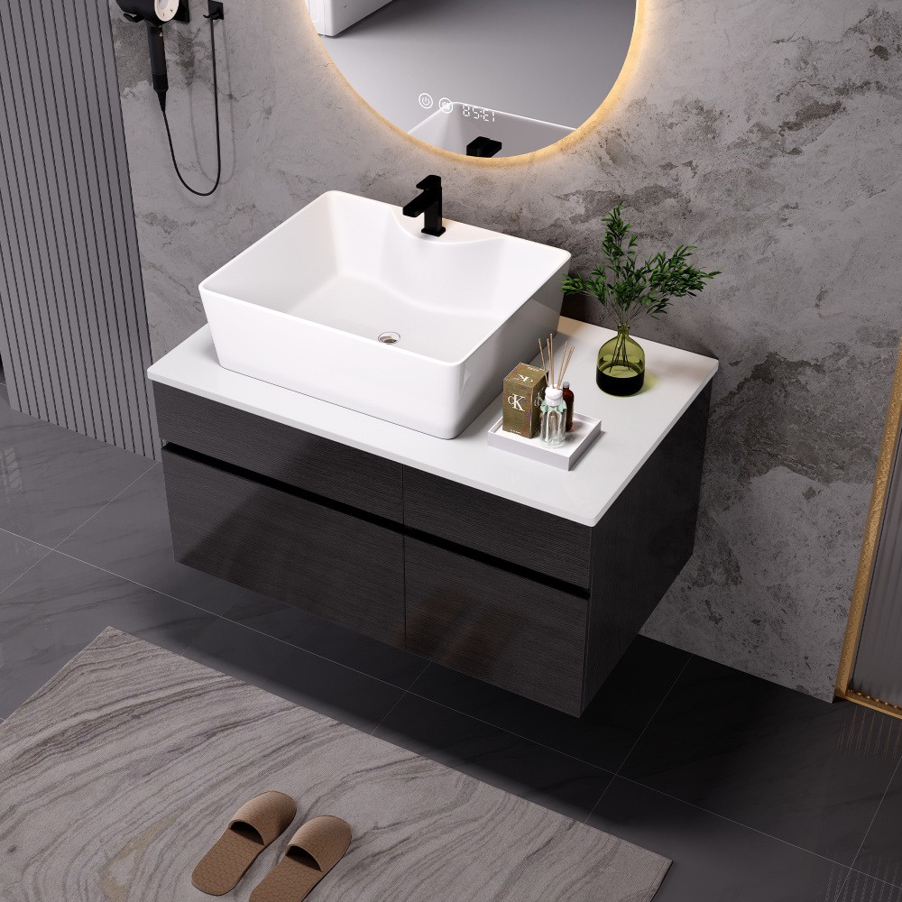 Modern Small Floating Single Bathroom Vanity with Ceramic Sink & Drawer,Black