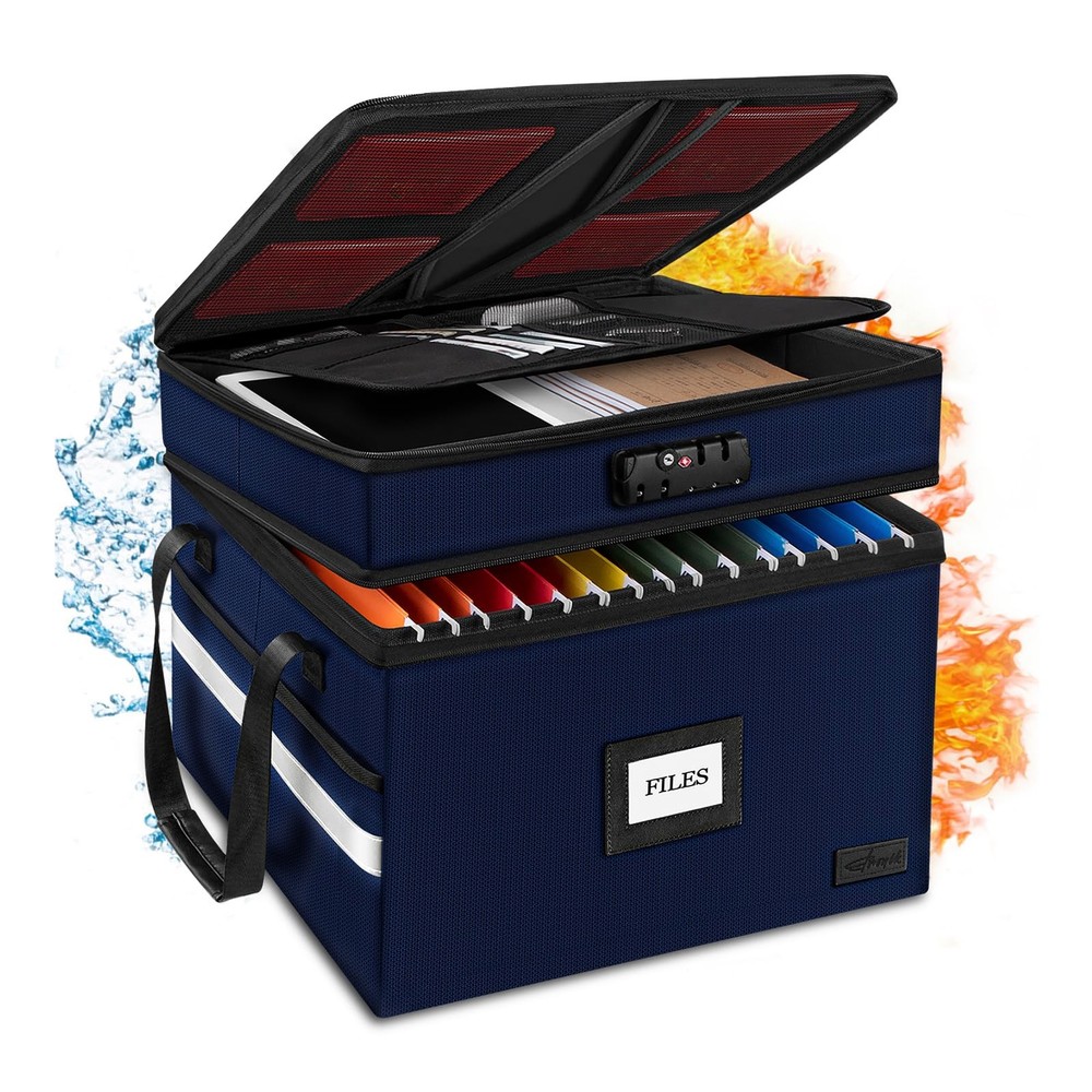 Fireproof Document Box with Lock, 2-Layer File Box Storage Organizer with 5 T...
