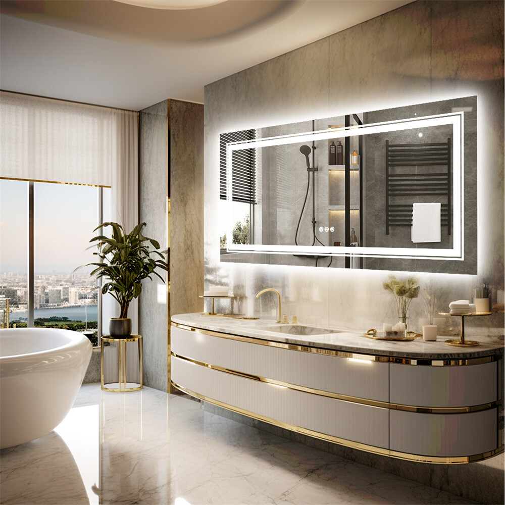 Large LED Bathroom Vanity Mirror with Front & Backlight Anti-fog Memory Dimmable
