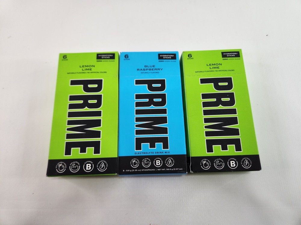 3 Packs Prime Hydration Drink Mix Blue Raspberry Lemon Lime Hydration Sticks