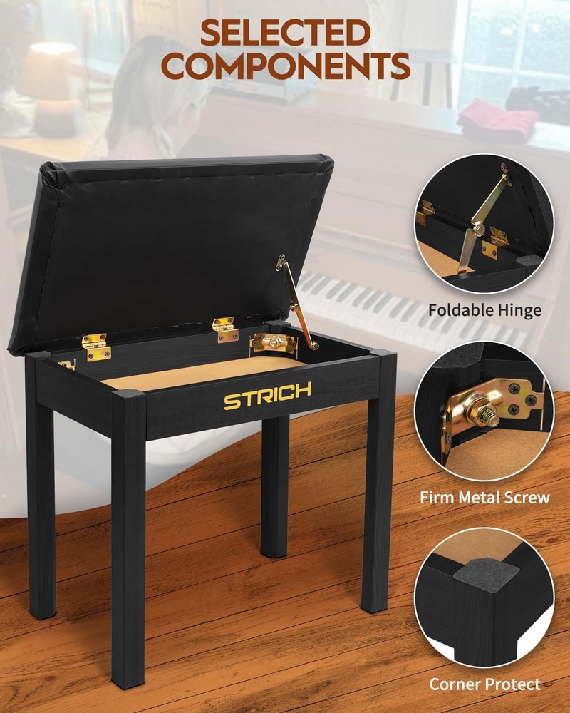 Piano Bench with Storage, Solid Wood Keyboard Bench Piano Bookcase Stool Chai...
