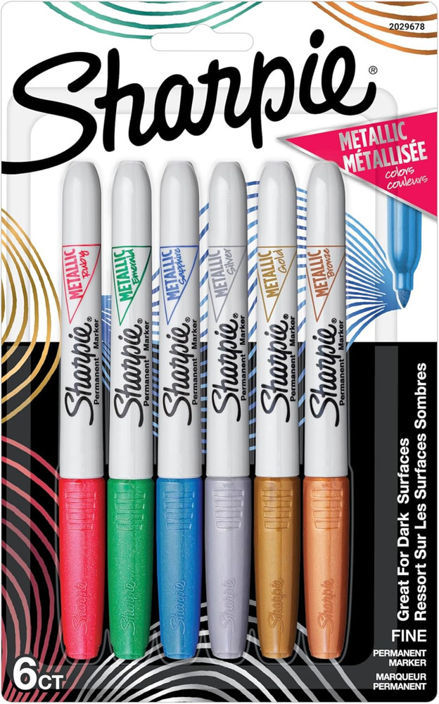 Metallic Permanent Markers, Fine Tip, Assorted Colors, 6 Count - Arts & Crafts,