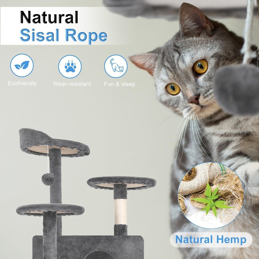 54" Cat Tree Tower | Light Gray | Multi-Level Indoor Activity Center with Sis...