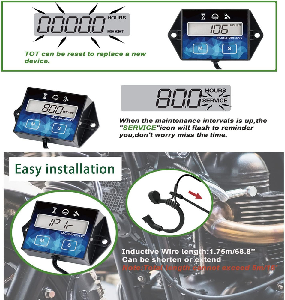 Digital Small Engine Tachometer Hour Meter,Resettable Hours,Replaceable Battery