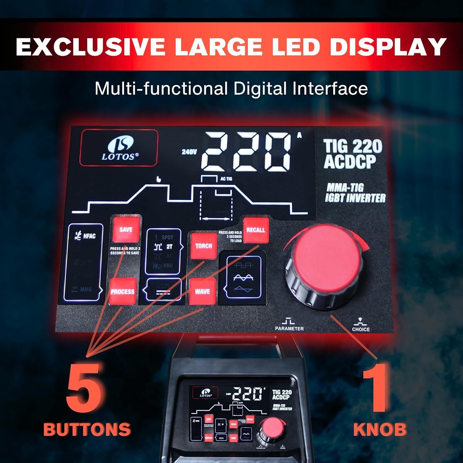 LOTOS TIG220ACDCP 220A AC/DC TIG Welder,13-in-1, Pulse, Spot, Stick, HF Start