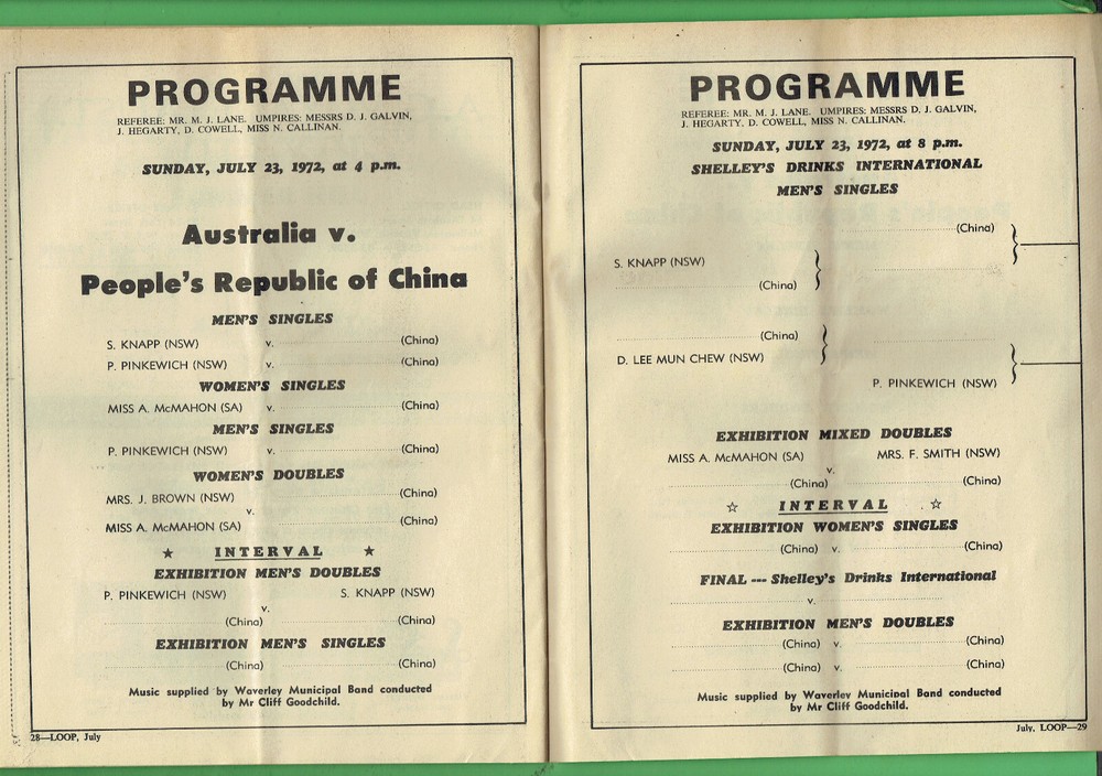 #T66. LOOP TABLE TENNIS PROGRAM - JULY 1972, AUSTRALIA V CHINA