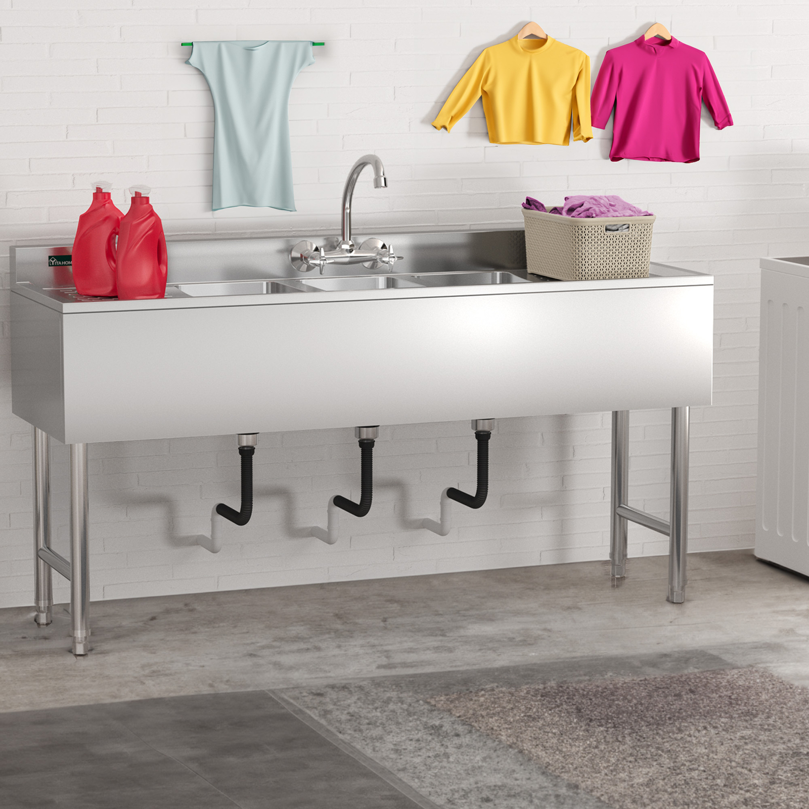 Freestanding Kitchen Sink 3 Compartment Stainless Steel Sink w/Double Drainboard