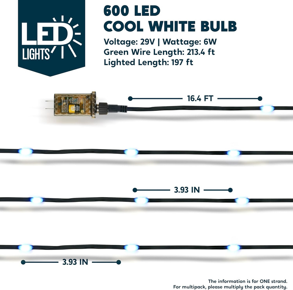 600 LED Cool White Christmas Lights, 197ft String, 8 Modes, Timer, Green Wire 9W