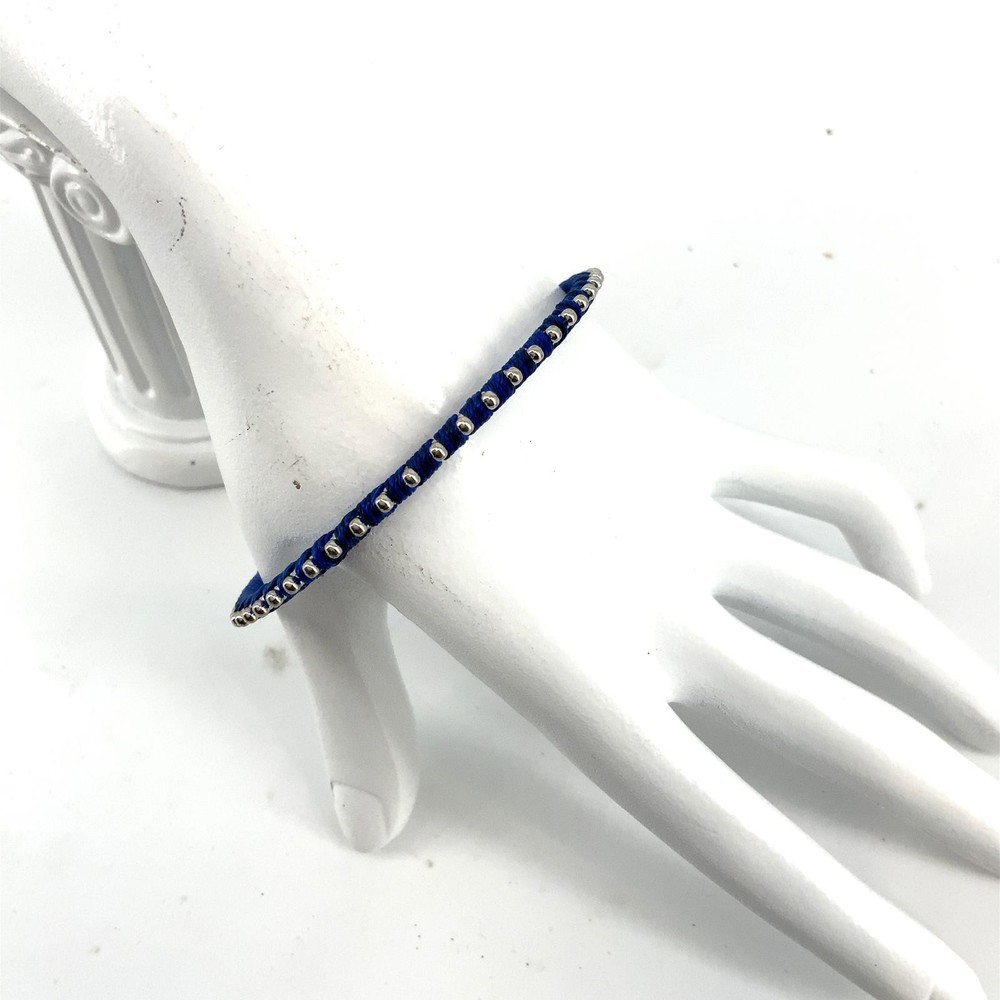 Vintage Blue Silk Thread Wrapped Bangle Silver Tone Bead Boho Stackable Bracelet