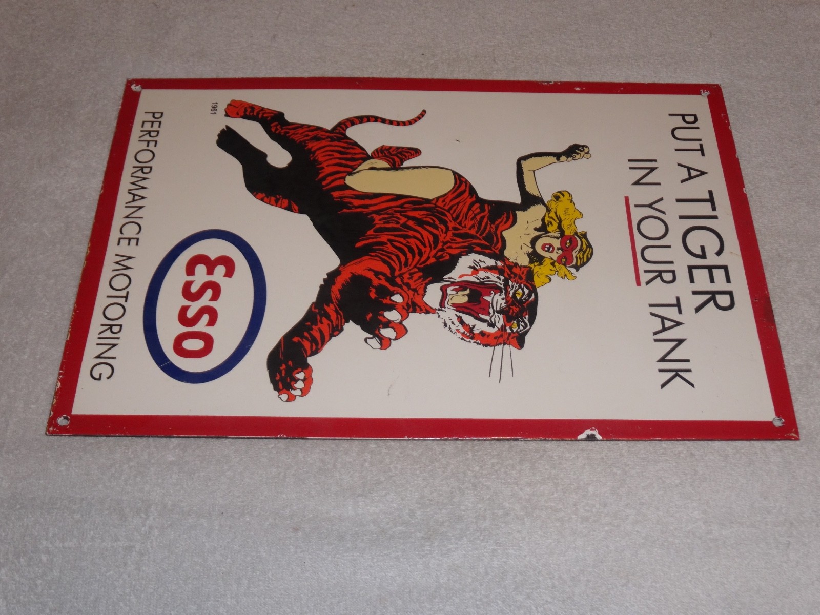 VINTAGE 1961 "ESSO CAT WOMAN RIDING TIGER" 18" PORCELAIN METAL GASOLINE OIL SIGN