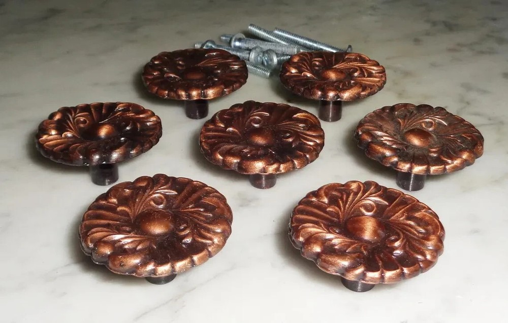7 Rosette Copper Vintage Drawer Pull Cabinet Handle Knobs Made in Japan #250