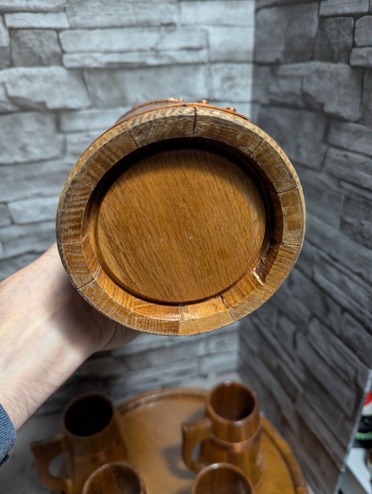 Vtg Set Of 5 Wood & Copper Beer Mug Stein Tankard Cups w/Tray Viking Bar Decor