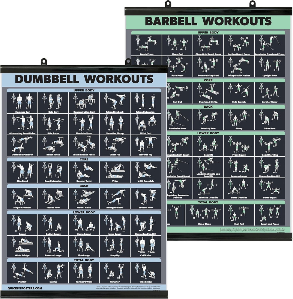 2 Pack Laminated Dumbbell & Barbell Workout Posters 18" x 24"