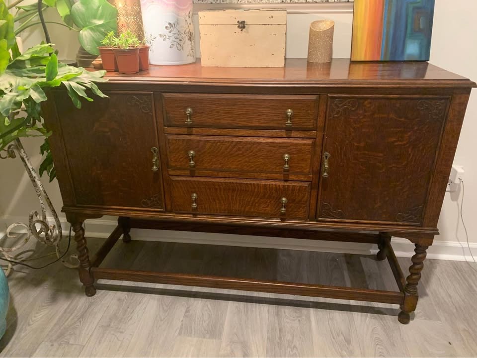 Vintage original Jacobean sideboard buffet, tiger oak