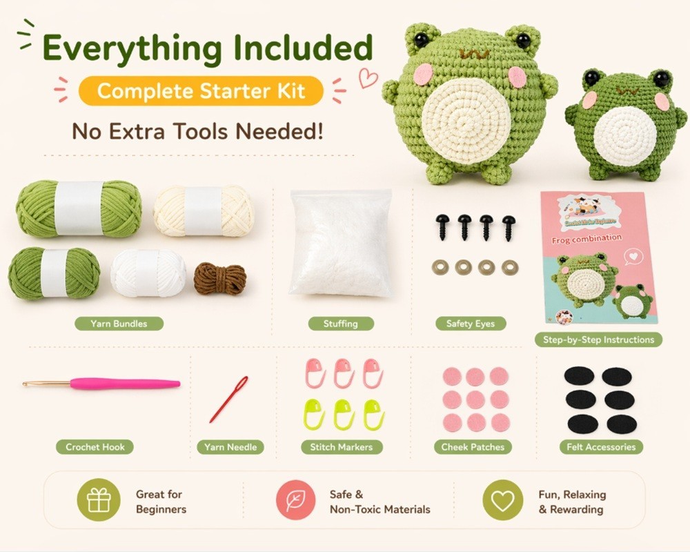Frog Crochet Kit 2 Pack for Beginners Amigurumi DIY Set with Video Tutorial
