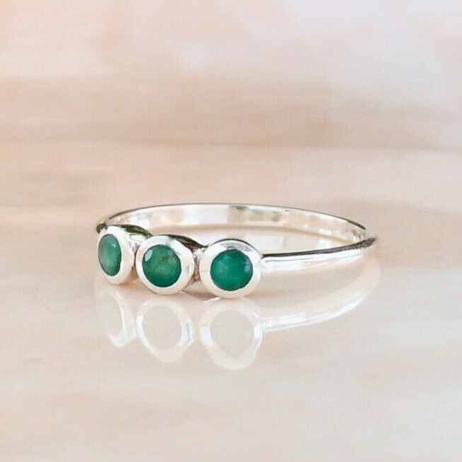 Ring Silver 925 Emerald Stackable Sterling Solid Gemstone Genuine Band Jewelry
