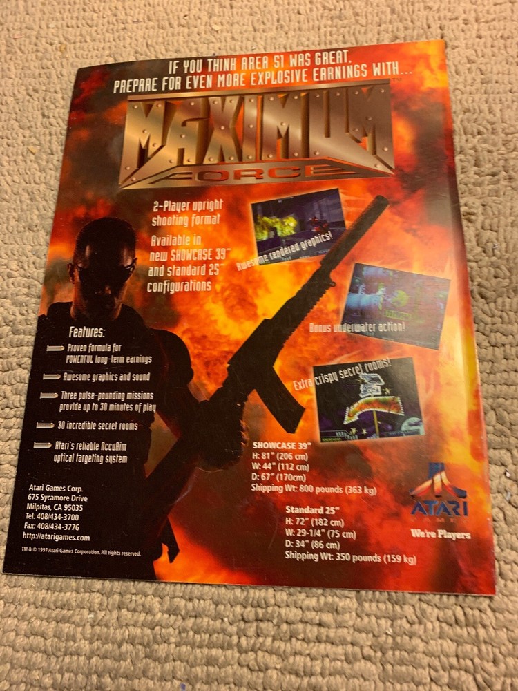 original ad 11-8 1/4” Maximum Force Atari ARCADE VIDEO GAME FLYER