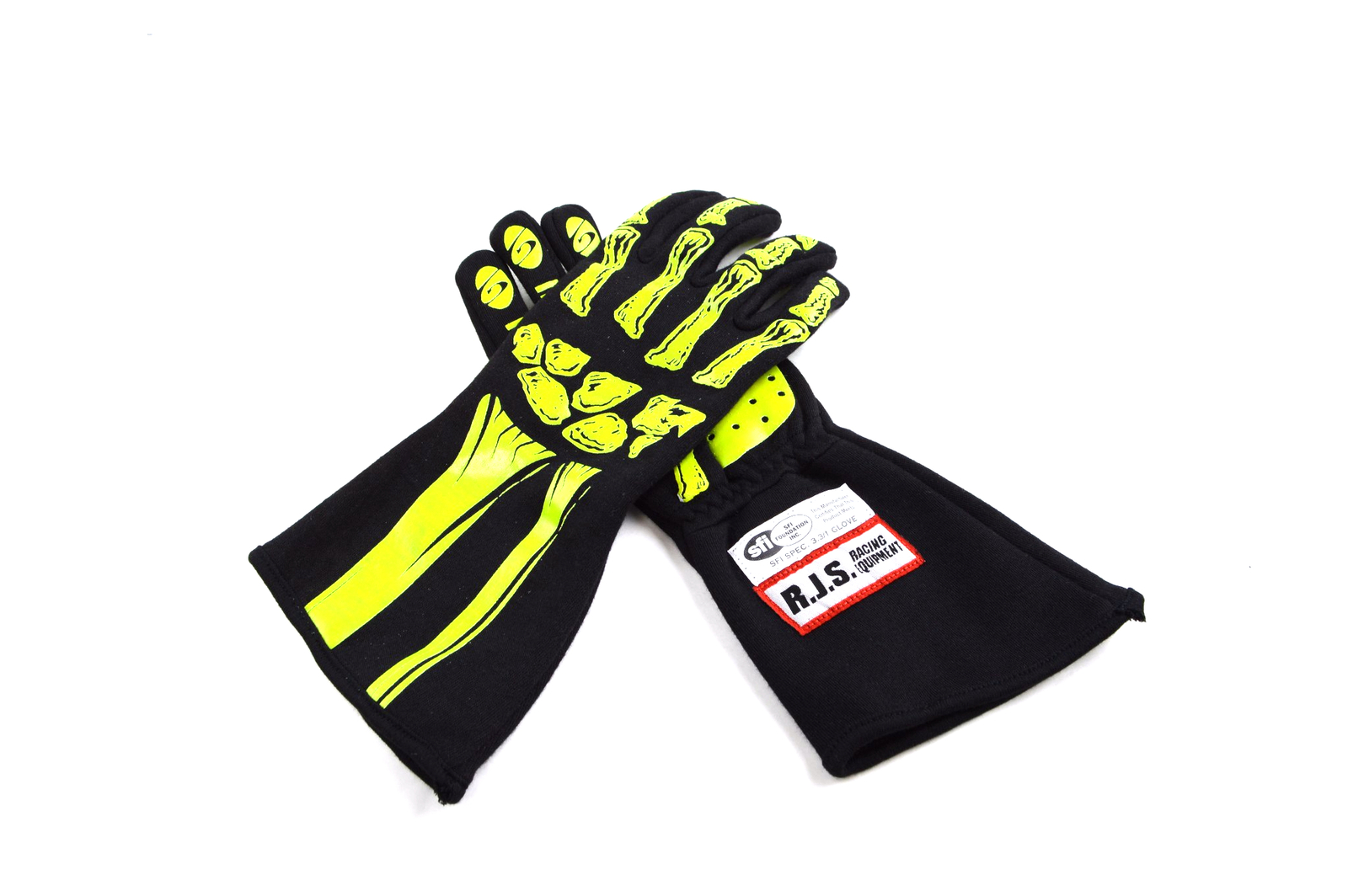 RJS RACING SFI 3.3/5 NEW SKELETON RACING GLOVES LEMON / BLACK SIZE LG 600090162
