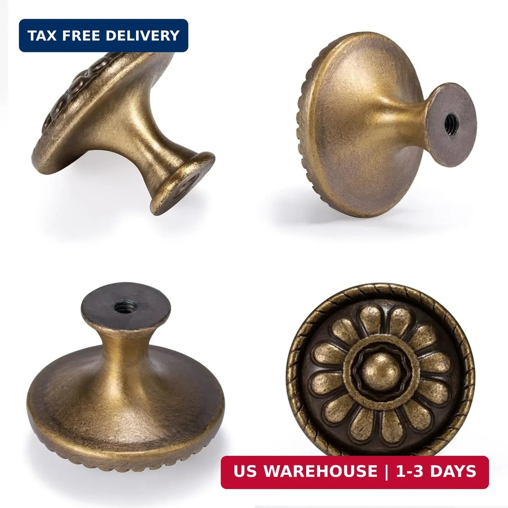 10 Pack Antique Brass Cabinet Knobs, Vintage Retro Drawer Knobs, Solid Round Dre