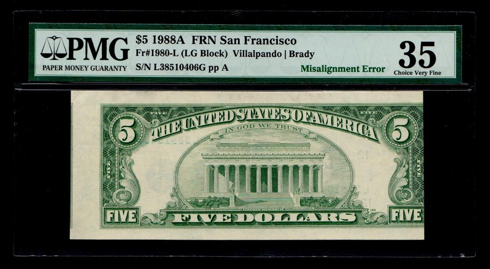 Misalignment Error 1988-A $5 FRN San Francisco PMG VF 35