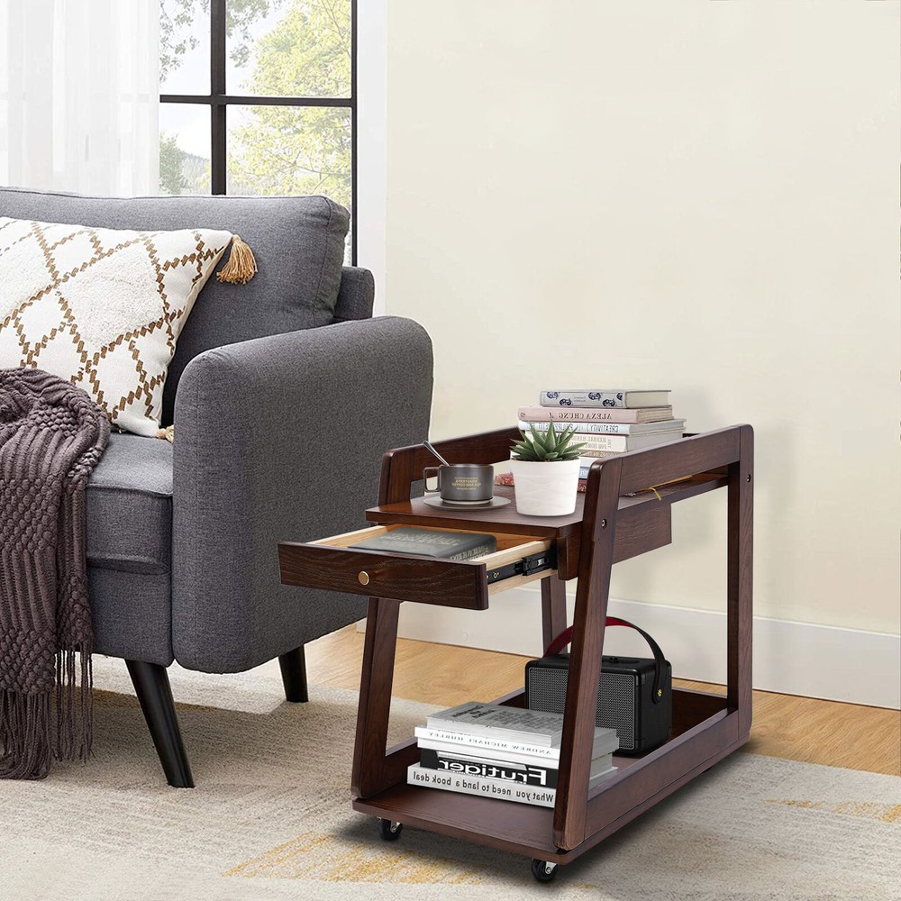 Walnut Retro Wood End Table, 2-tier Side Table, Storage Couch Table with Wheels