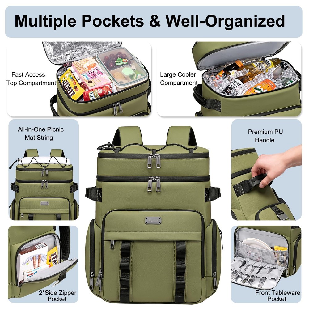 Weitars Insulated Cooler Backpack,Double Deck Waterproof Soft Large, Green