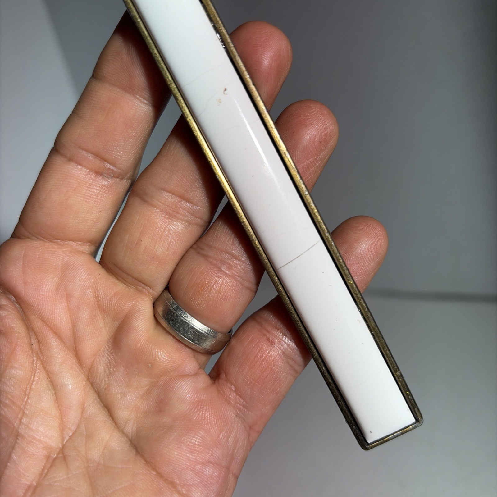 Vintage Single Mid Century Modern Gold Tone White Ceramic Drawer Pull Handle