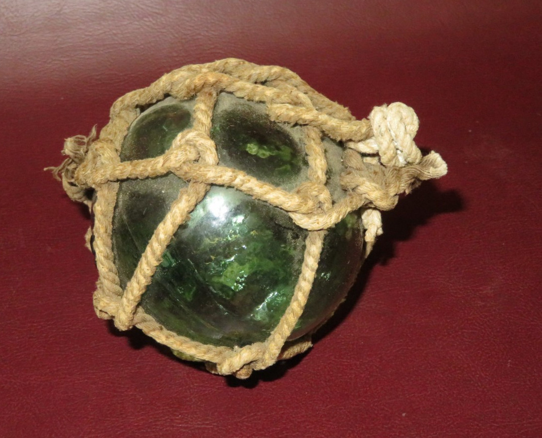 Antique 3" Japanese Rope-Wrapped Blue Hand-Blown Glass II Mark Fishing Net Float