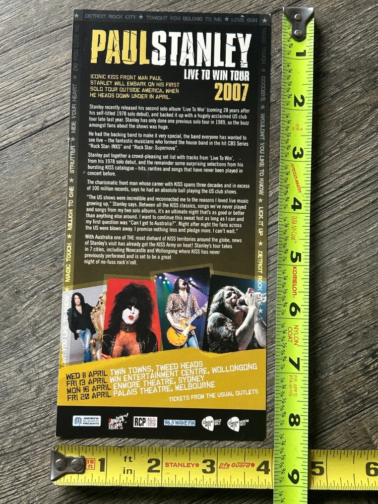 KISS Handbill Concert Ad Card PAUL STANLEY Solo Live To Win Tour Australia 2007