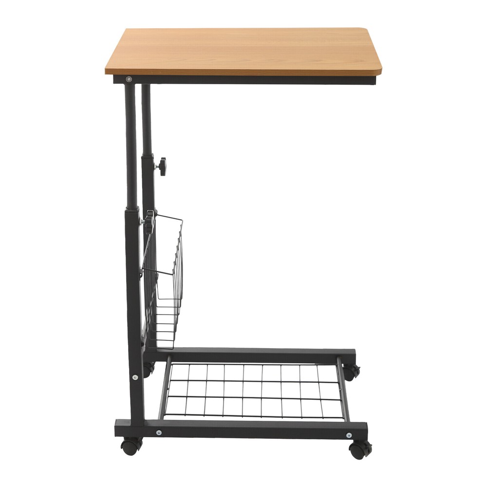 Height-Adjustable Teak Side Table with Wheels - 2 Tiers for Easy Storage