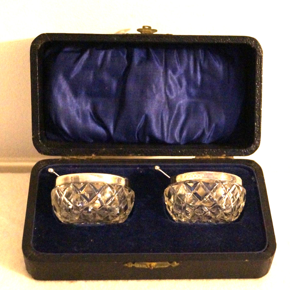 Antique pair of sterling silver and cut glass salts with spoons - Complete Set