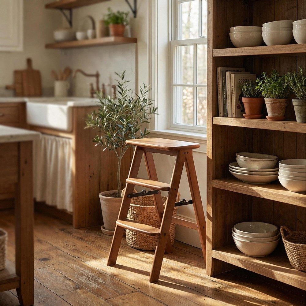 3 Step Ladder Folding Step Stool, Wooden Step Stool Foldable, Folding Step St...