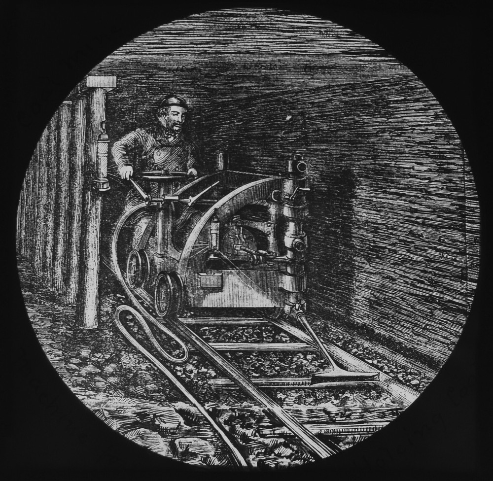 COAL MINING : A MACHINE FOR HOLEING COAL C1875 VICTORIAN Magic Lantern Slide