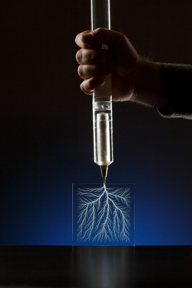 4" x 4" x 1" Captured Lightning Lichtenberg Figure Tree & Walnut Lighted Base