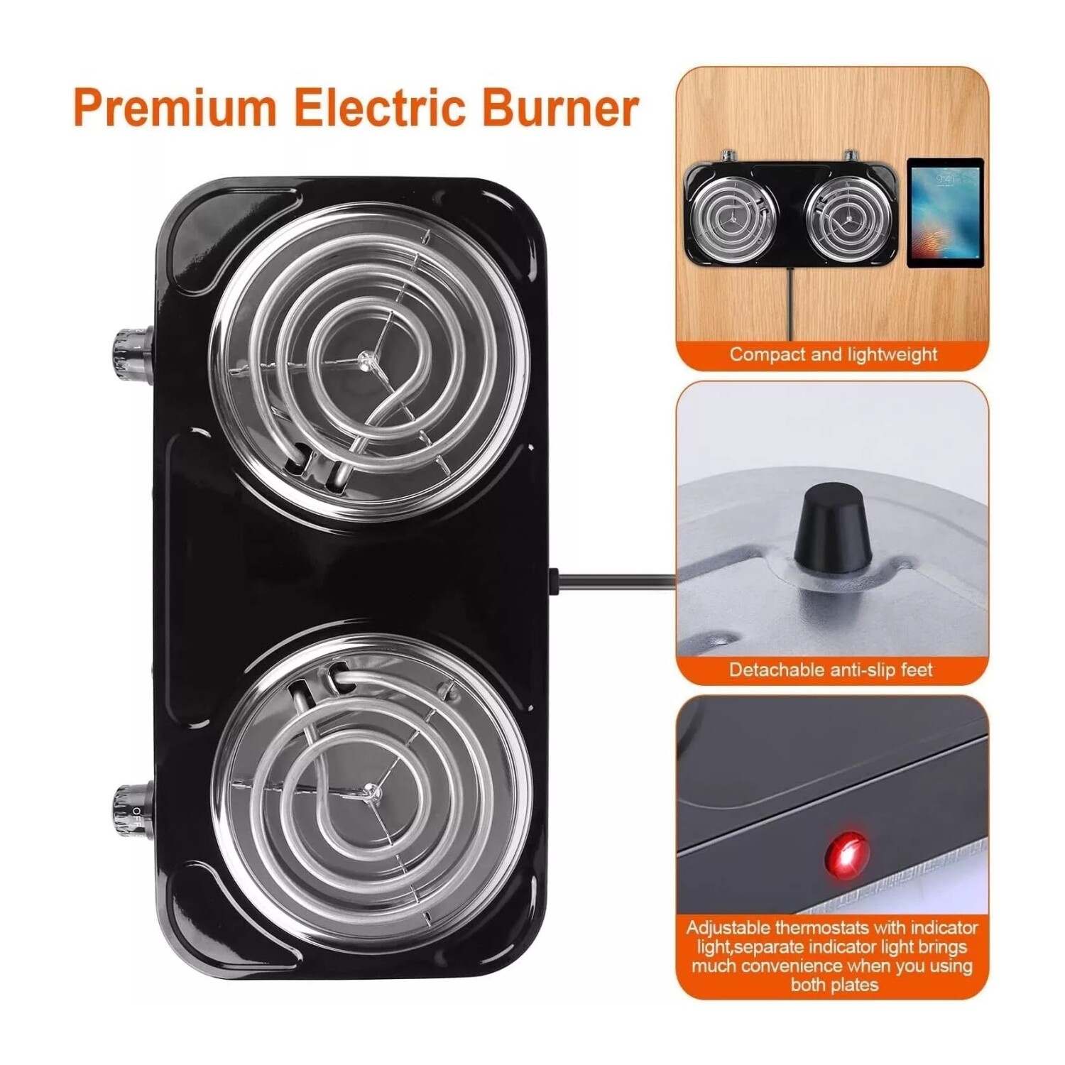 2000W Electric Camping Double Burner Hot Plate Portable Heating Cooking Stove US