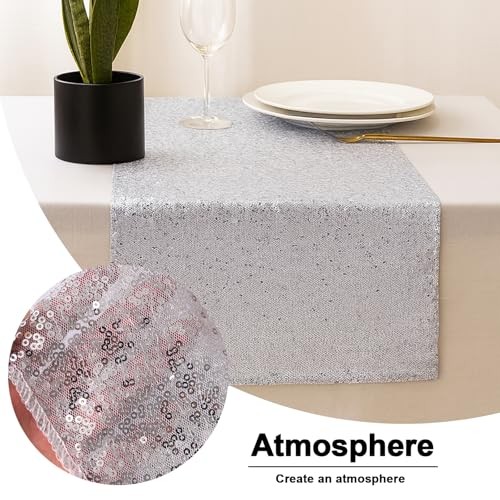 2 Packs Glitter Sequin Table Runners- 12"x72" for Birthday, Silver 2PCS