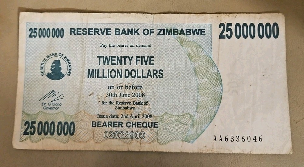 2008 Zimbabwe 25 Million Dollars Bearer Check Note