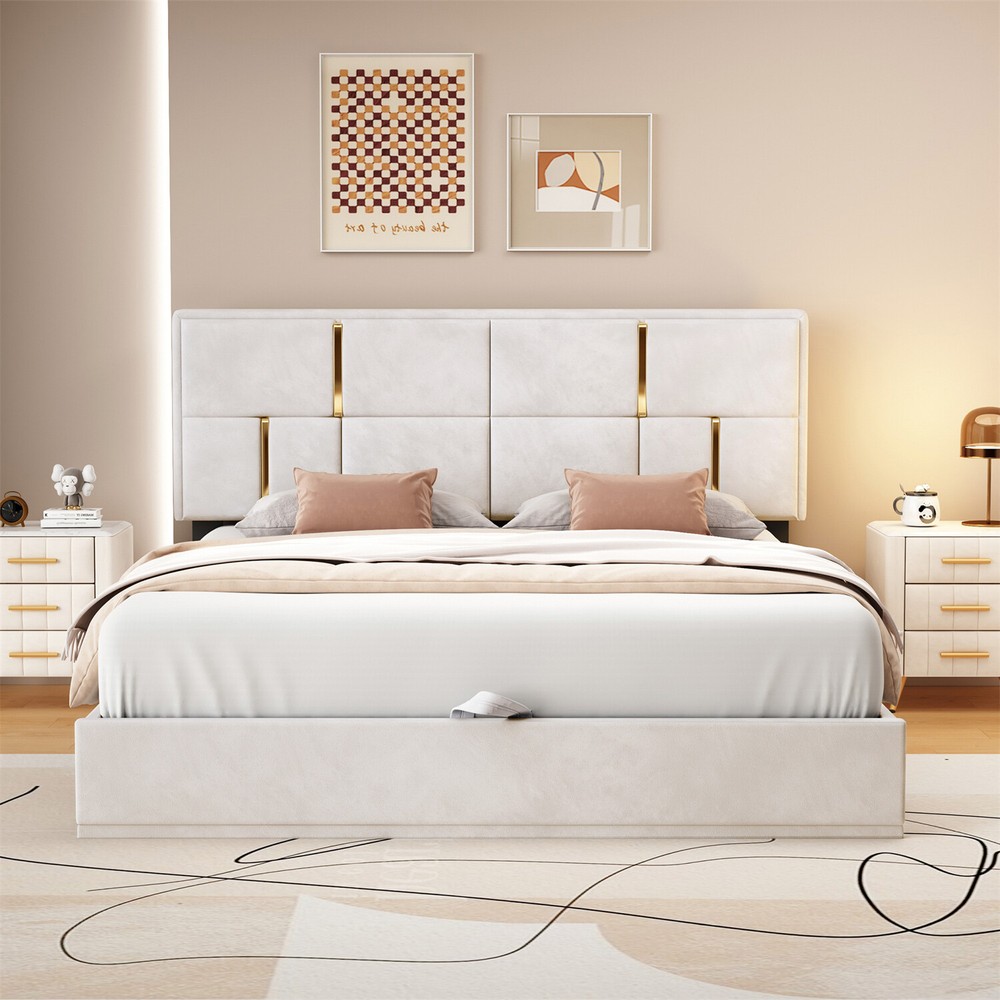 Queen Size Upholstered Platform Bed Frame with Hydraulic Storage System US