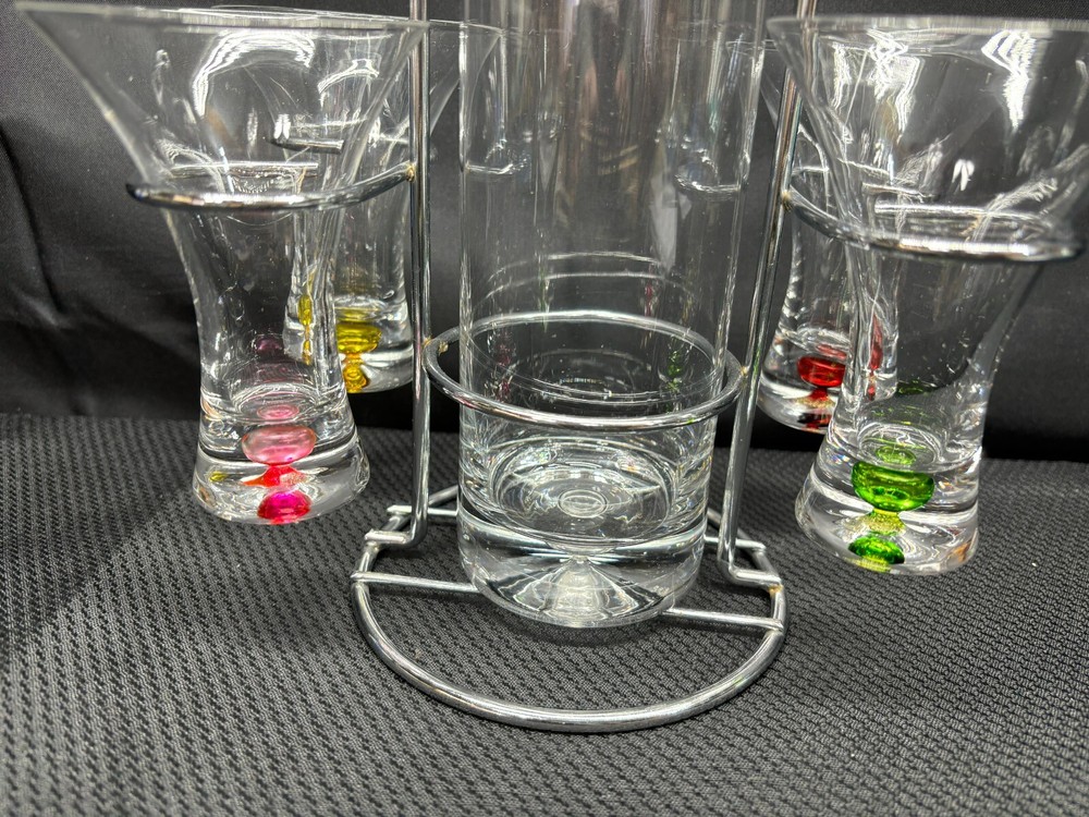 Circleware "BUBBLE" Barware ~ (4) Cordial Glasses w/ Pitcher and Rack