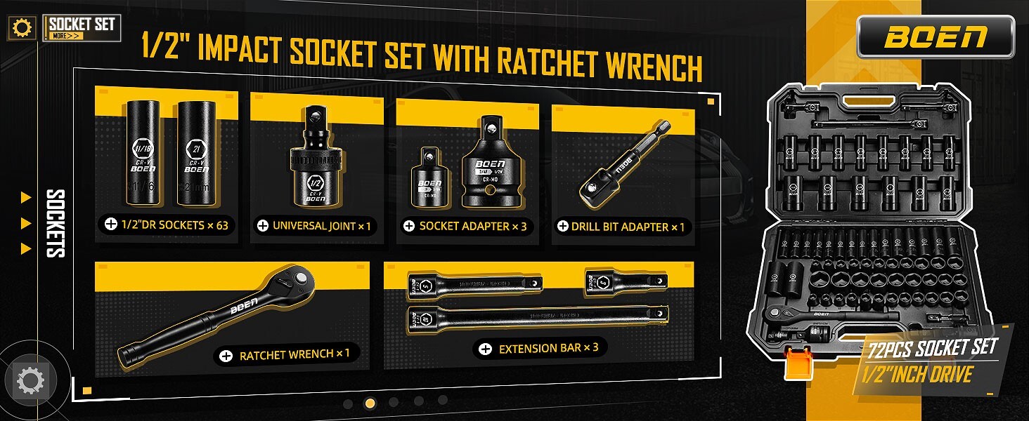 72 Pcs 1/2" Drive Impact Socket Set,Standard SAE (5/16"-1-1/4") & Metric(8-24mm)