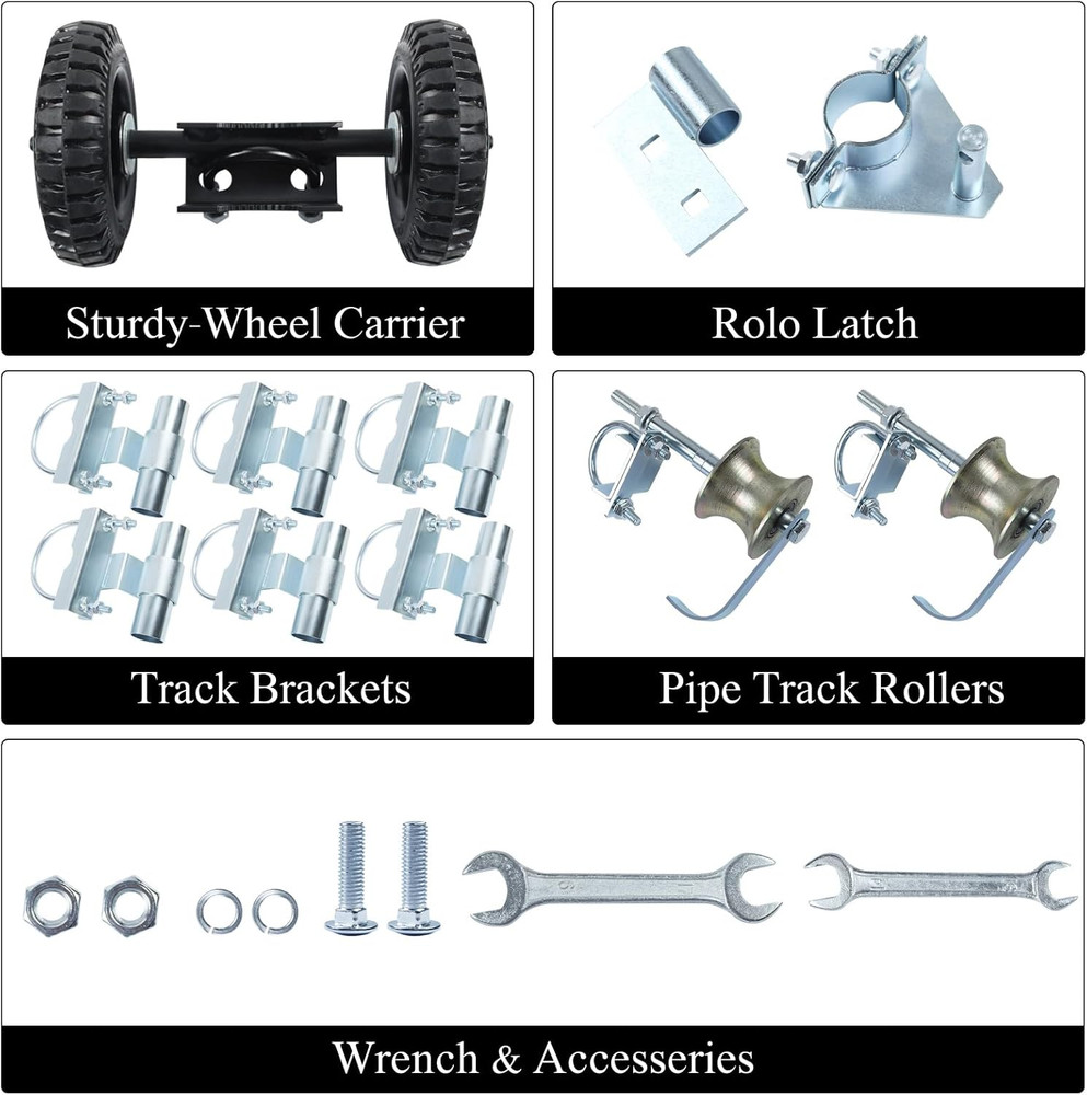 Durable Rolling Gate Hardware Kit with 6" Wheels & Track Brackets