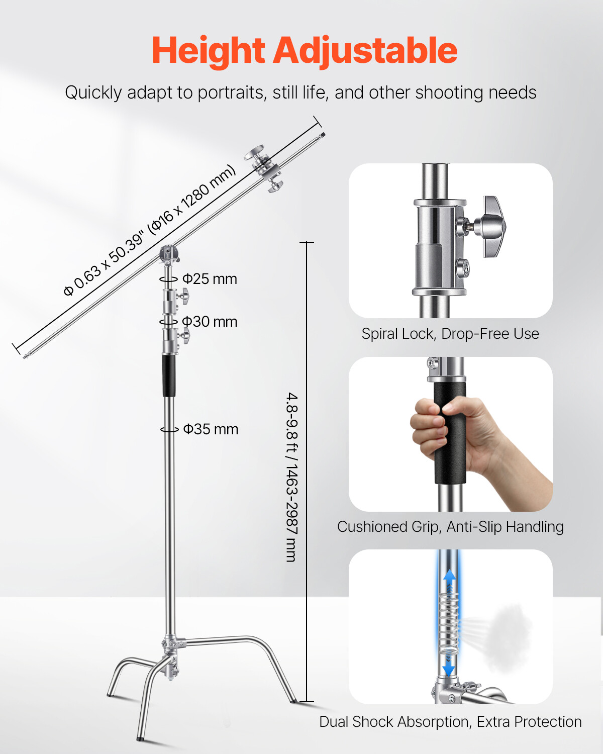 C Stand with Boom Arm Max Height 10.83 ft/330 cm Photography Light Stand