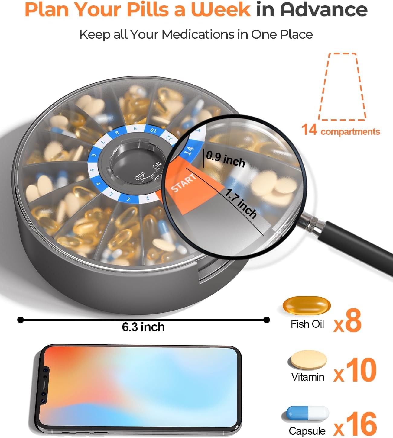 Pill Dispenser Daily,Large Pill Organizer with Standing Used,Used for 14 days