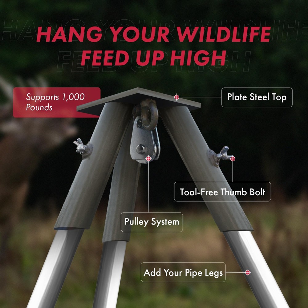 Tripod Header with Pulley for Deer Feeder System Attachment (Feeder Excluded)