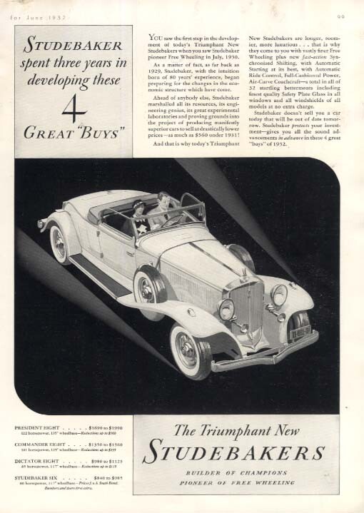 Three years developing four great buys Studebaker Convertible Coupe ad 1932 HBz